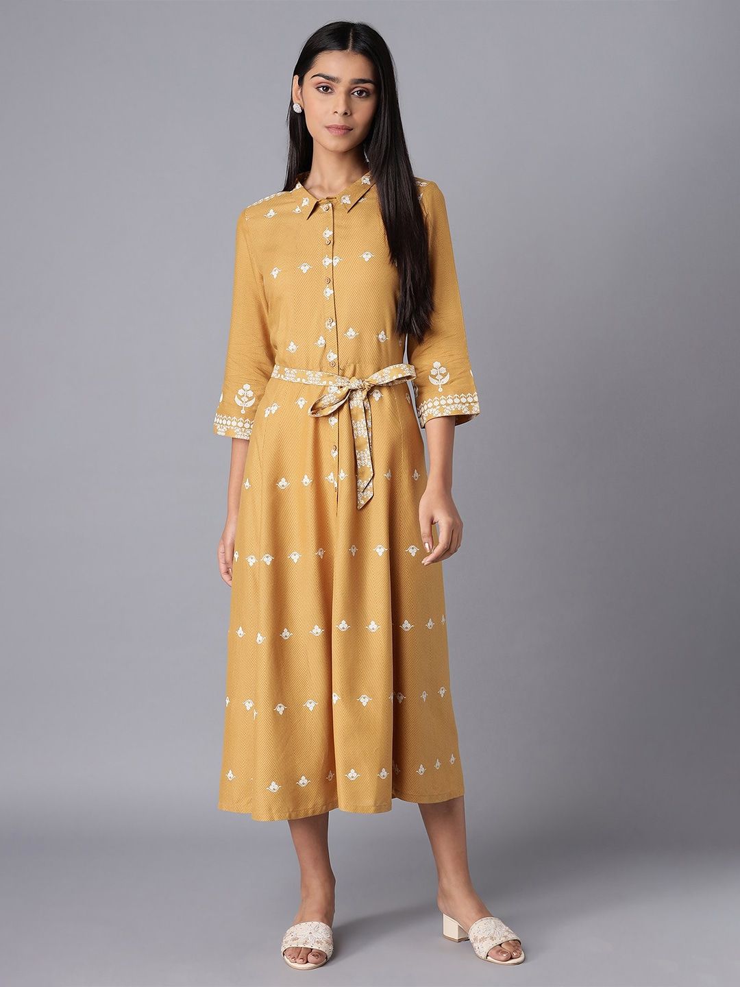 W Yellow Ethnic Motifs A-Line Midi Dress
