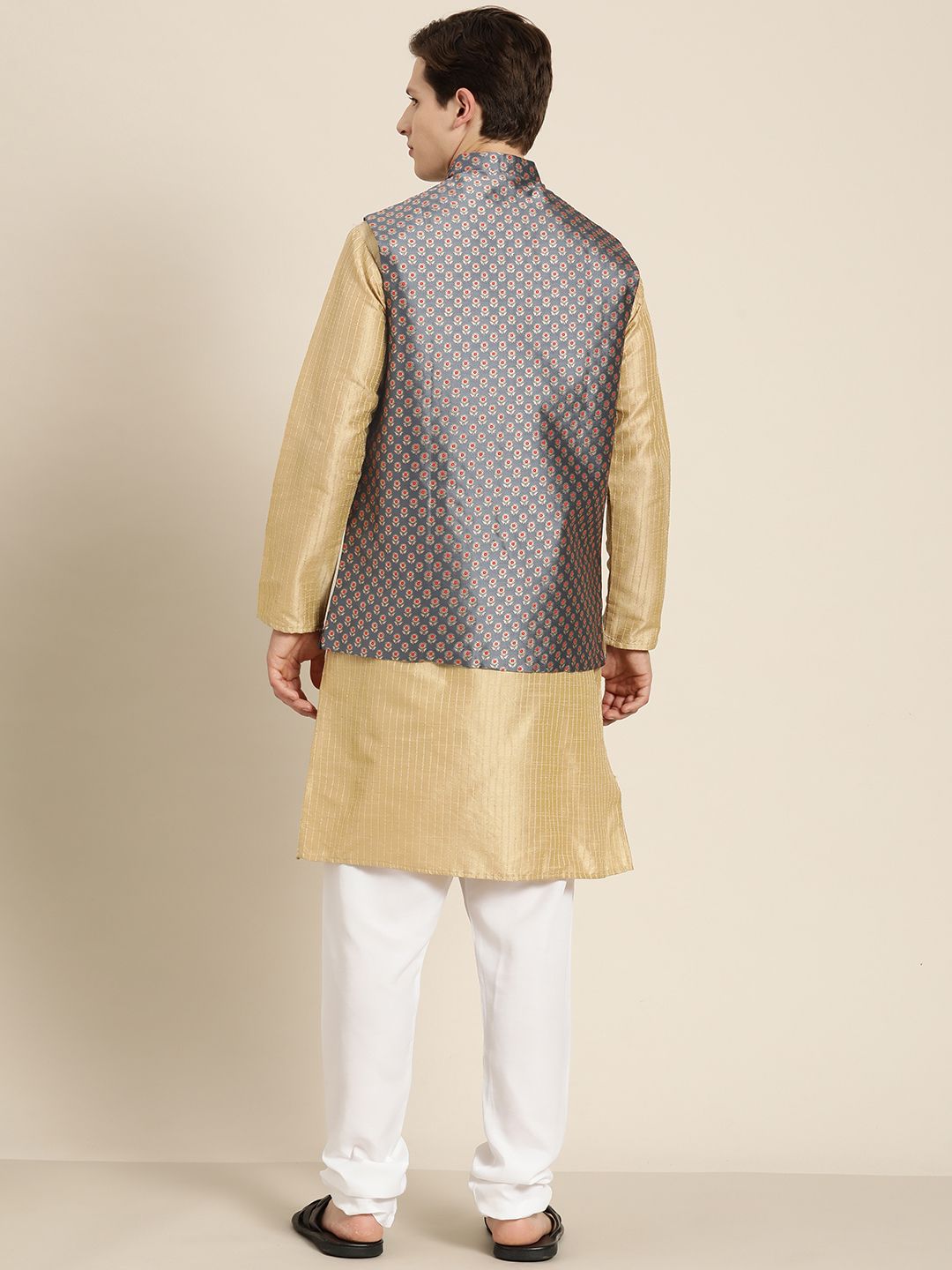 SOJANYA Men Beige Striped Kurta with Pyjamas  & Nehru Jacket