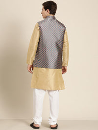SOJANYA Men Beige Striped Kurta with Pyjamas  & Nehru Jacket