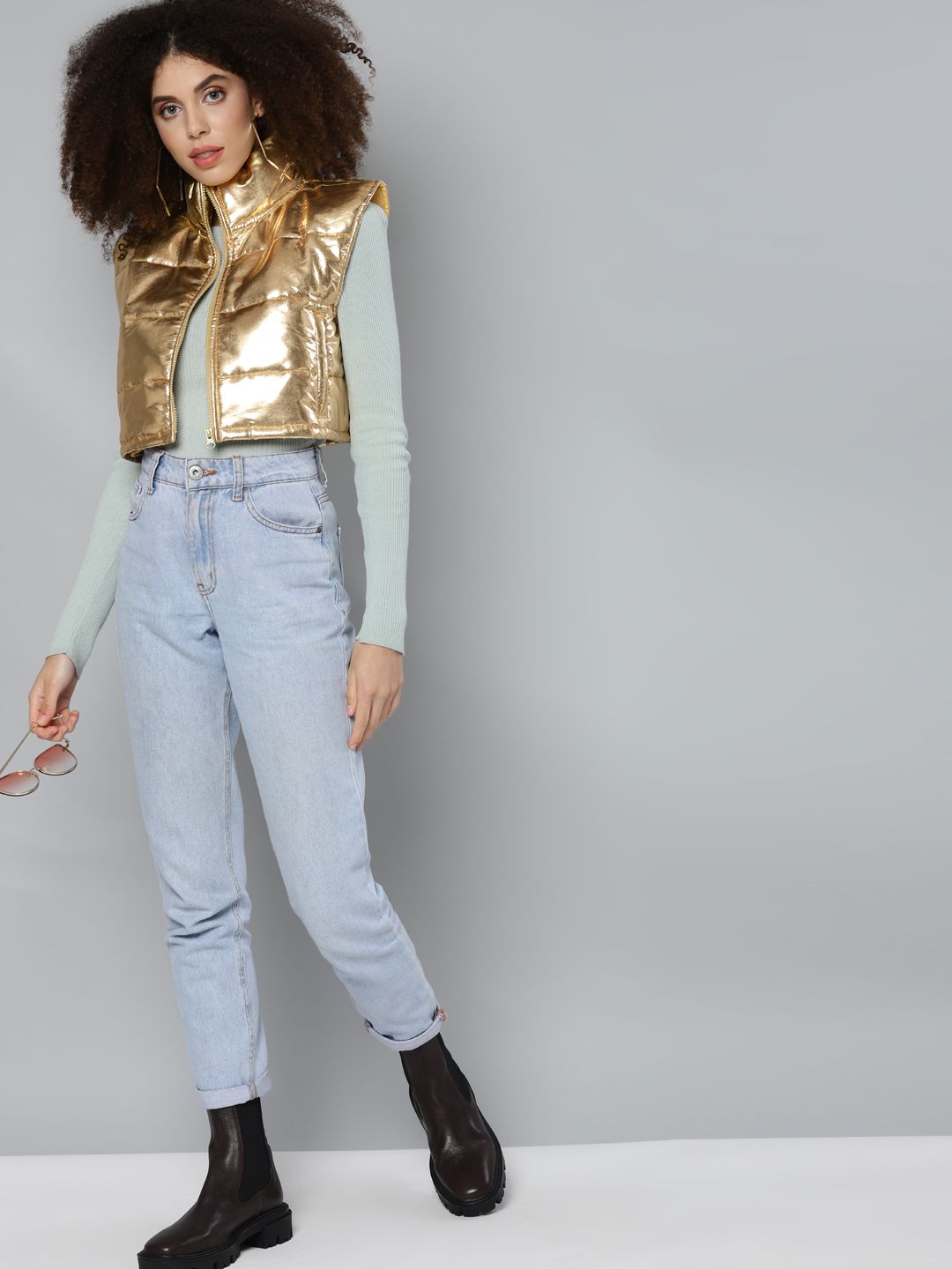 SASSAFRAS Women Gold-Toned Crop Padded Jacket