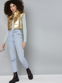 SASSAFRAS Women Gold-Toned Crop Padded Jacket