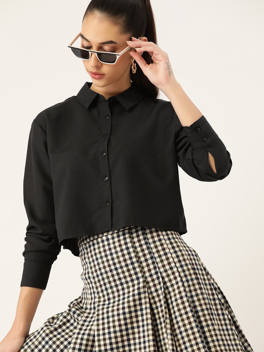 DressBerry Women Black Solid Cropped Casual Shirt