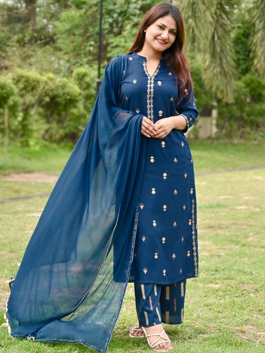 Libas Women Teal Blue & Golden Printed Kurta with Palazzos & Dupatta