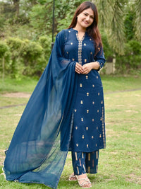 Libas Women Teal Blue & Golden Printed Kurta with Palazzos & Dupatta