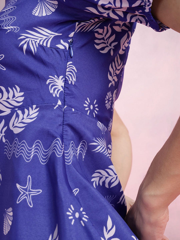DressBerry Printed Faux Wrap Puff Sleeve A-Line Dress