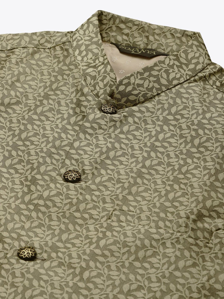 SOJANYA Men Maroon & Olive Green Jacquard Woven Design Kurta with Churidar & Nehru Jacket