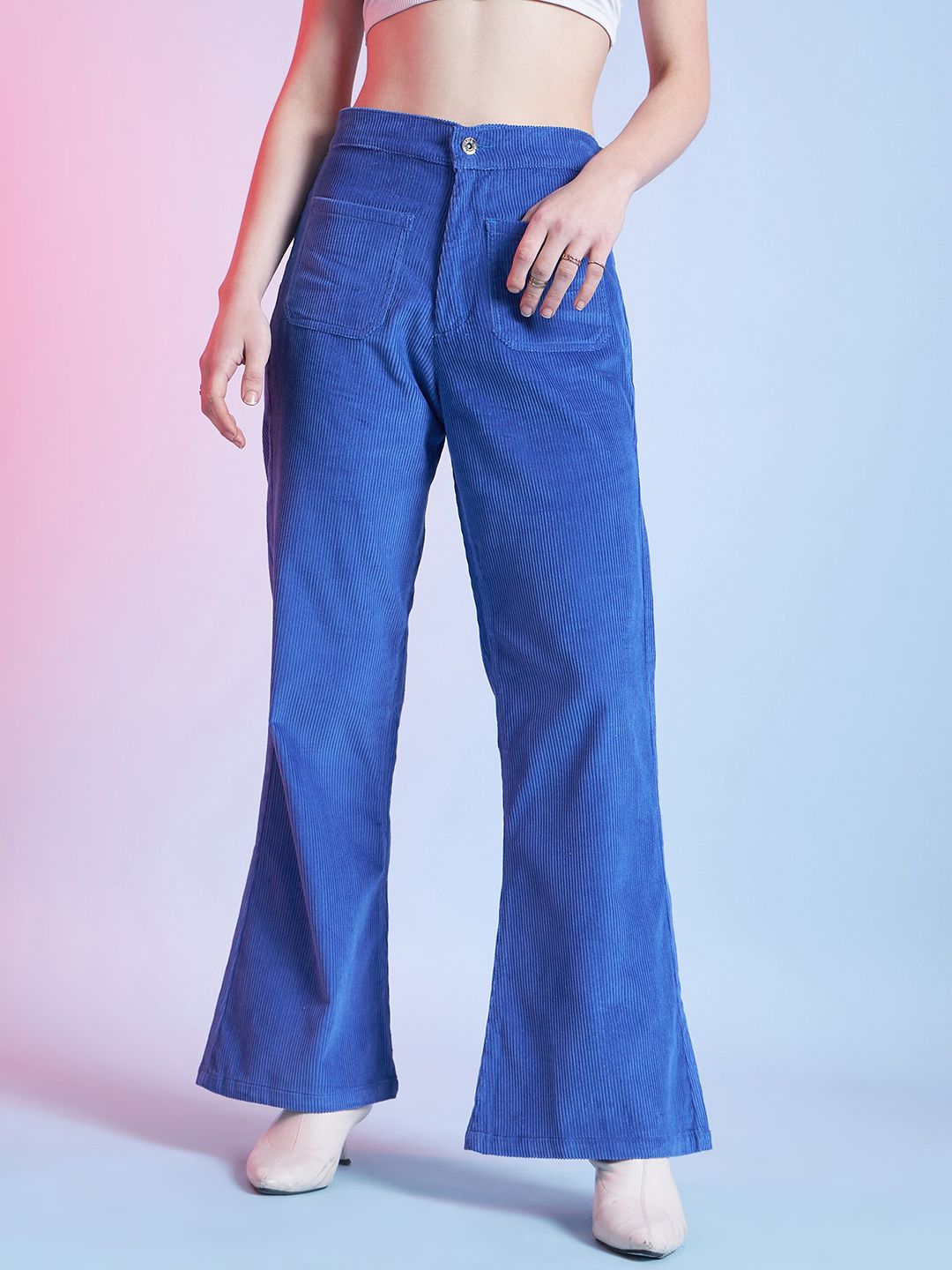 STREET 9 Women Blue Cotton Relaxed Flared Fit Mid-Rise Casual Bootcut Trousers