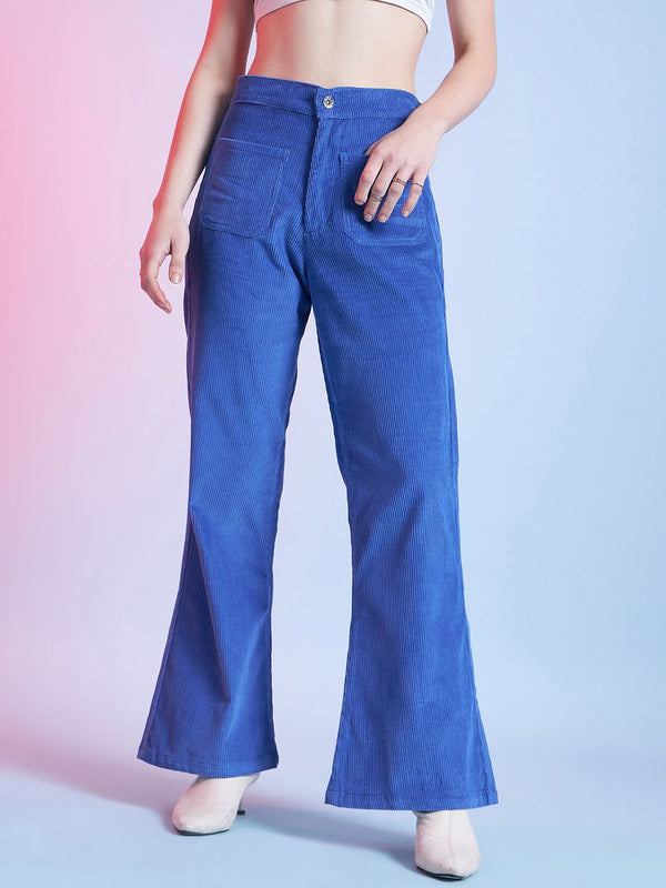 STREET 9 Women Blue Cotton Relaxed Flared Fit Mid-Rise Casual Bootcut Trousers