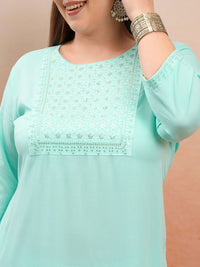Vishudh Plus Size Blue Floral Yoke Design Thread Work Straight Kurta