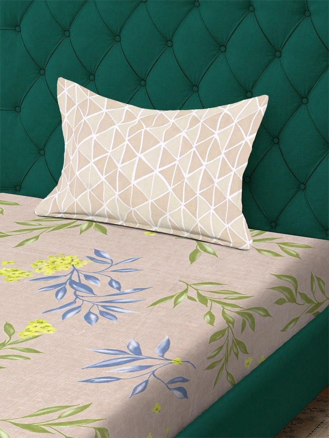 Moda Rapido X KLOTTHE Beige & Green Floral 300 TC Cadar Katil Single dengan 1 Sarung Bantal