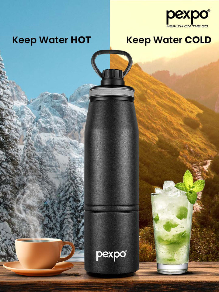 Pexpo Altros Black Double wall Thermosteel Hot and Cold Knight Flask Water Bottle 940 ml