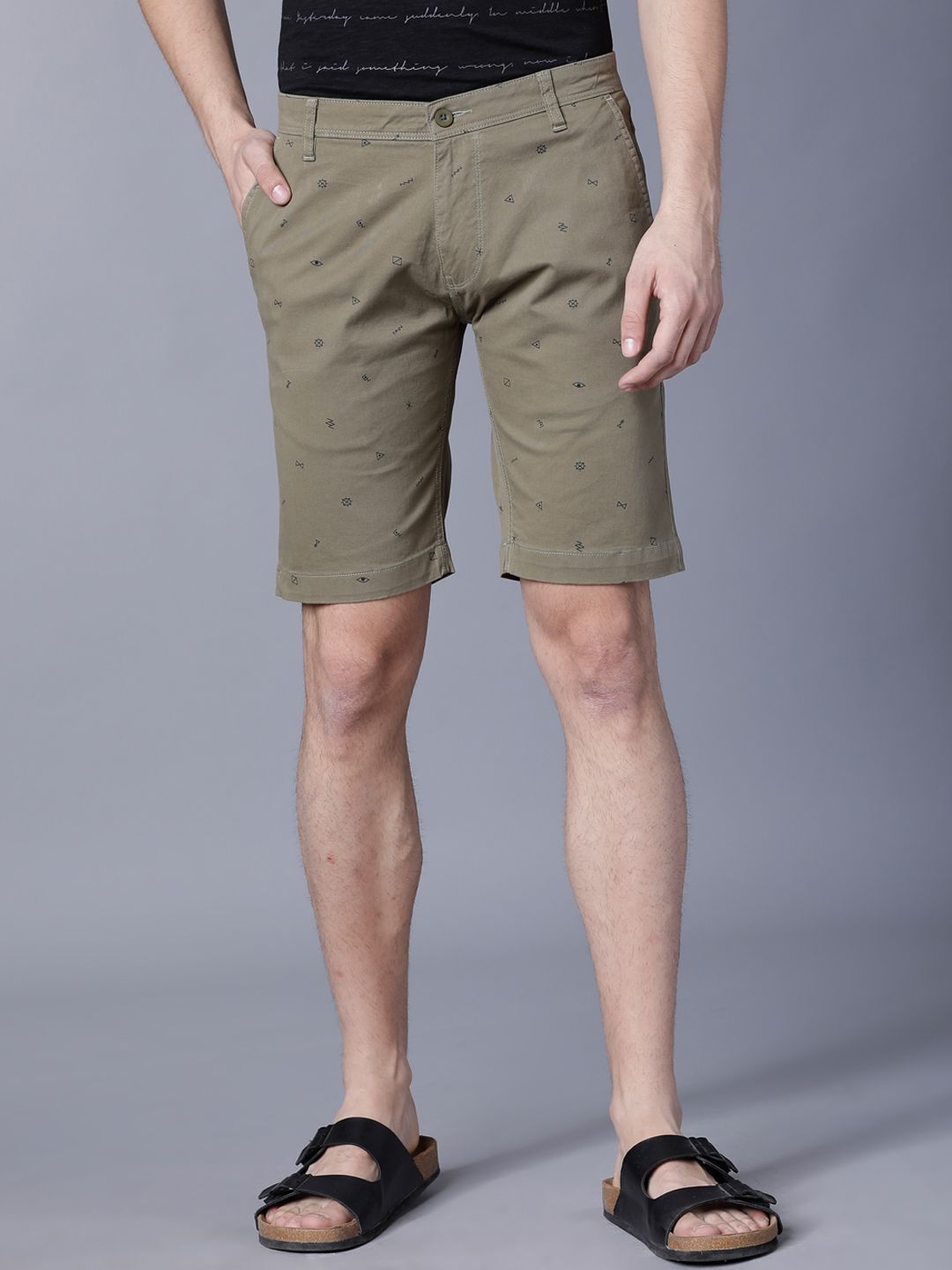 HIGHLANDER Men Olive Green Printed Slim Fit Chino Shorts