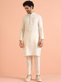 KISAH Mandarin Collar Woven Design Thread Work Cotton Straight Kurta