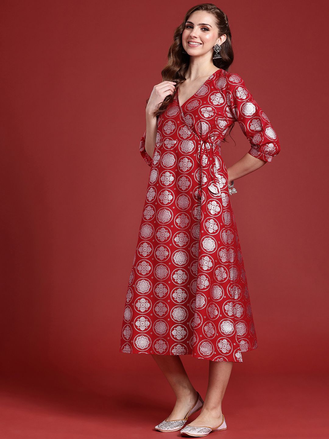 Anouk Ethnic Motifs Foil Printed Wrap Style A-Line Midi Ethnic Dress