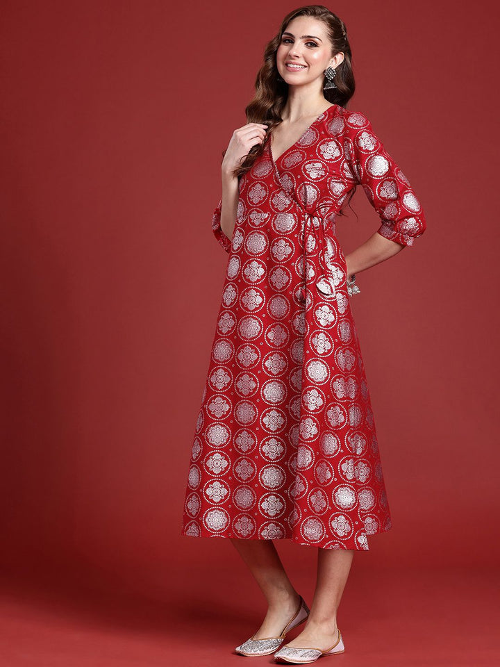 Anouk Ethnic Motifs Foil Printed Wrap Style A-Line Midi Ethnic Dress