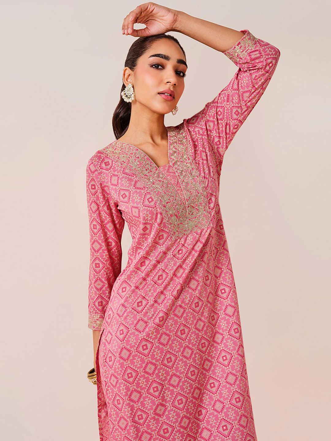 Global Desi Geometric Printed Sequinned A-Line Kurta With Palazzo