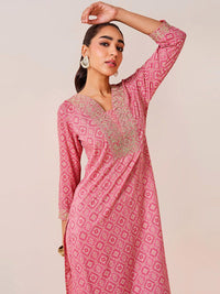 Global Desi Geometric Printed Sequinned A-Line Kurta With Palazzo