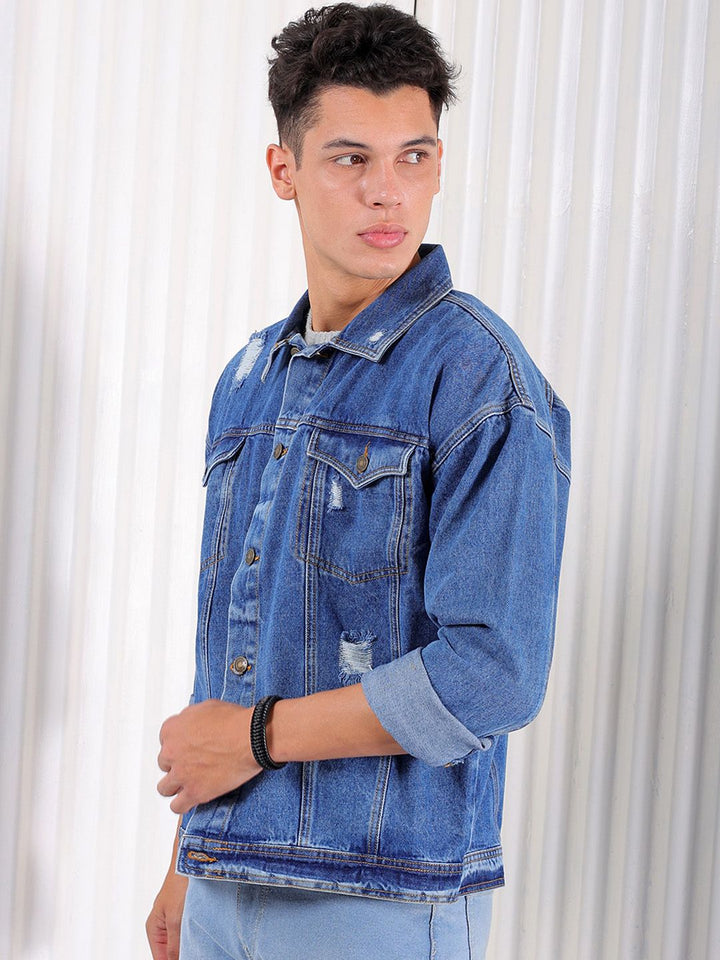 The Indian Garage Co Men Lightly Washed Relaxed Fit Distressed Denim Jacket