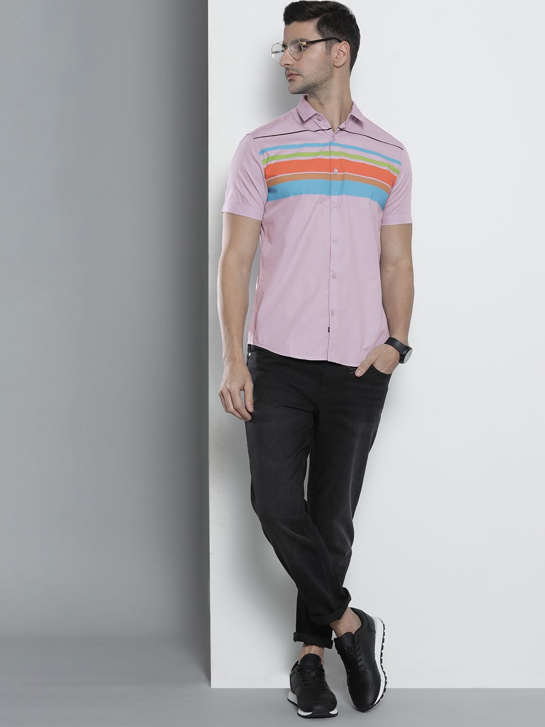 The Indian Garage Co Men Lavender Comfort Horizontal Stripes Cotton Casual Shirt