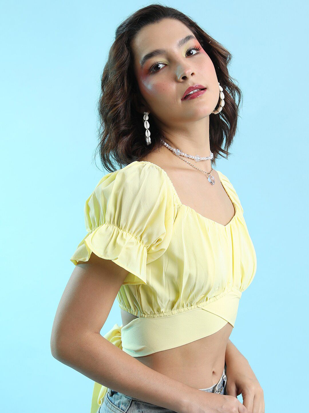 Tokyo Talkies Yellow Puff Sleeves Styled Back Crop Top