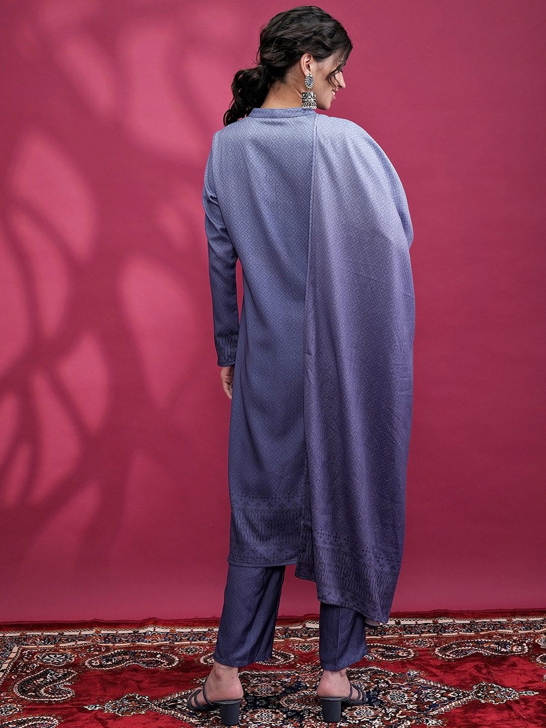Vishudh Blue Printed Yoke Design Thread Work Straight Kurta with Trouser & Dupatta