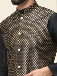 SOJANYA Men Black Solid Kurta with Churidar & Nehru Jacket