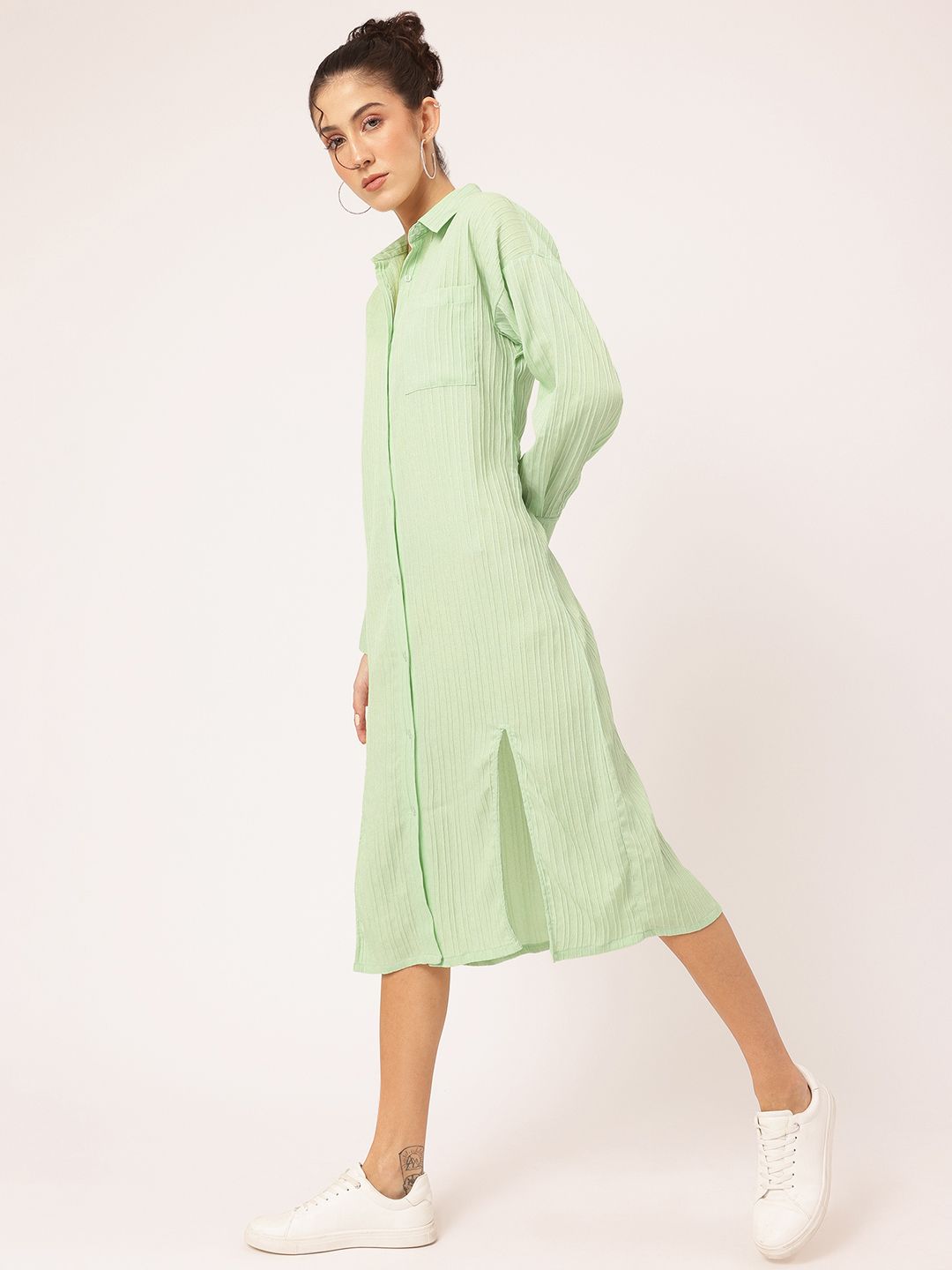 DressBerry Spirited Swirl Self-Striped Midi Shirt Dress with Slit-Detail