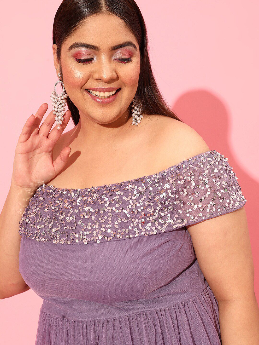 CURVY STREET Lavender Plus Size Off-Shoulder Net Dress