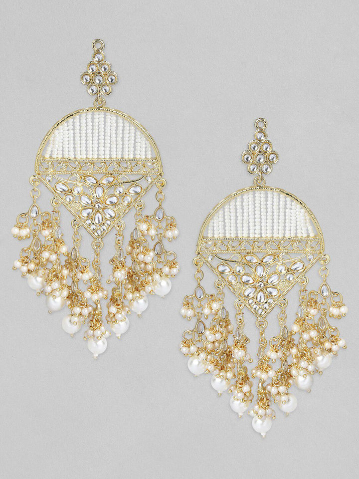 Rubans 18K Gold Plated Kundan Work and Off-White Pearl Beaded Big Chandelier Earrings