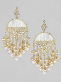 Rubans 18K Gold Plated Kundan Work and Off-White Pearl Beaded Big Chandelier Earrings