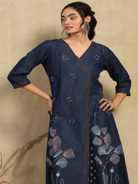 Rumah Wanita Chikankari Denim Biru Tua Kurta Dihiasi Tangan