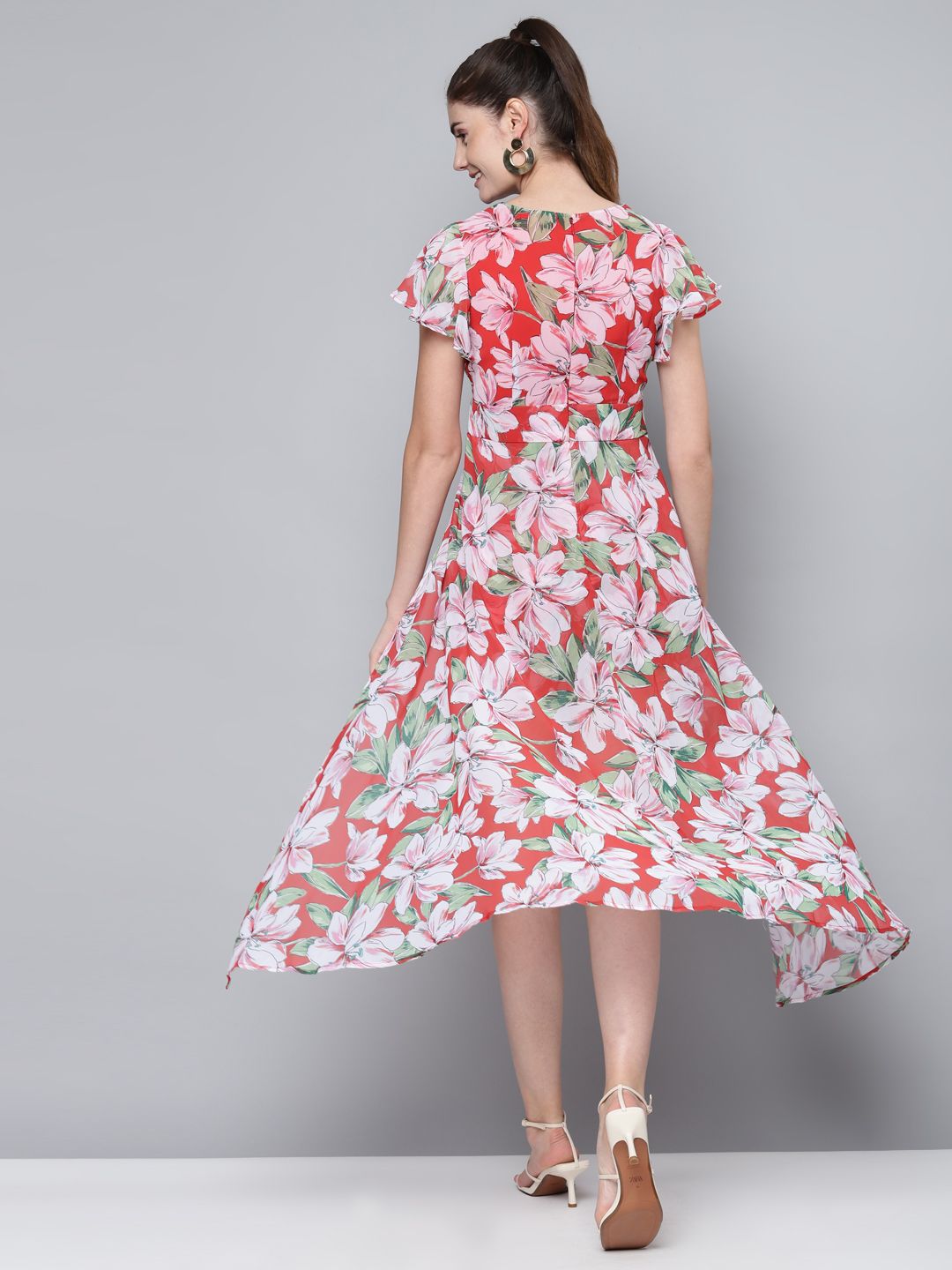 SASSAFRAS Coral Red & Green Floral Printed Layered Jumpsuit