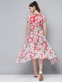 SASSAFRAS Coral Red & Green Floral Printed Layered Jumpsuit