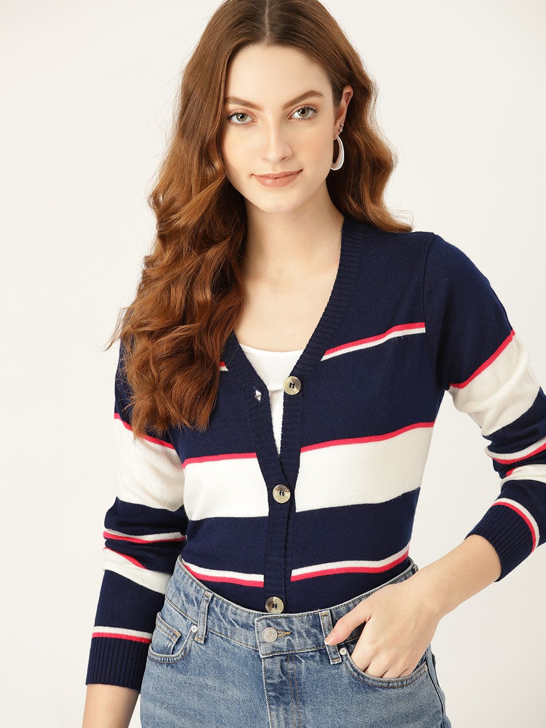 DressBerry Women Navy Blue & White Striped Cardigan