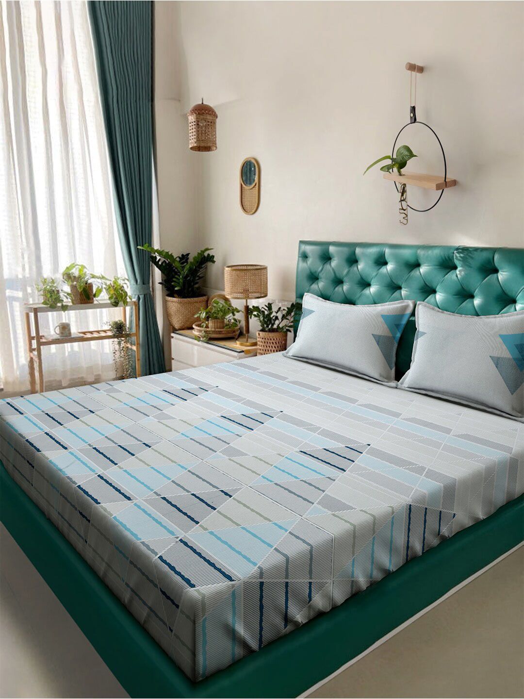 Klotthe Grey Grey Geometric 400 TC Cotton Dipasang Super King Bedsheet dengan 2 penutup bantal