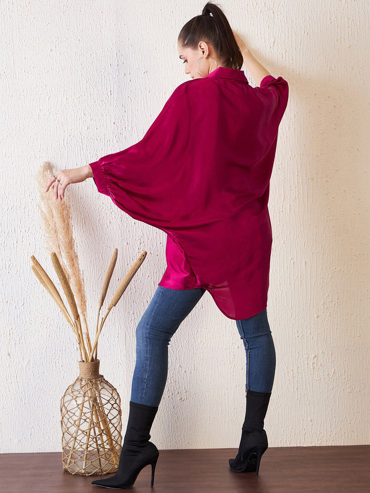 Antheaa Pink Comfort Fit Kimono Sleeves Longline Satin Shirt