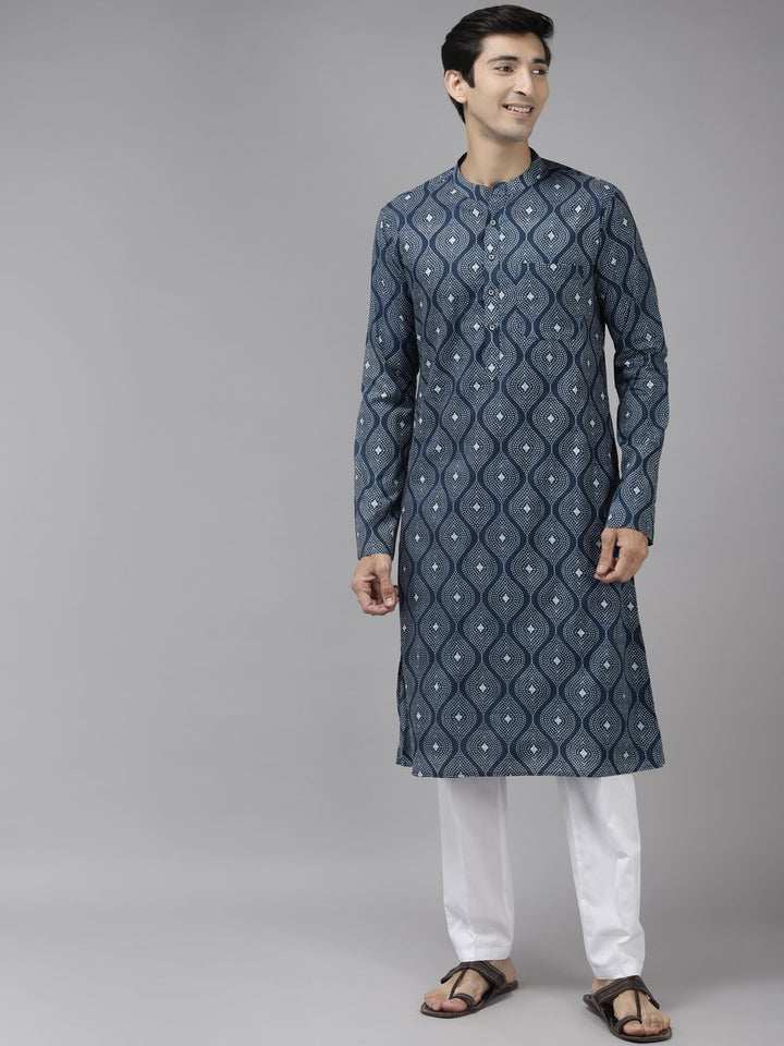 See Designs Men Blue Printed Pure Cotton Indigo Kurta with Trousers