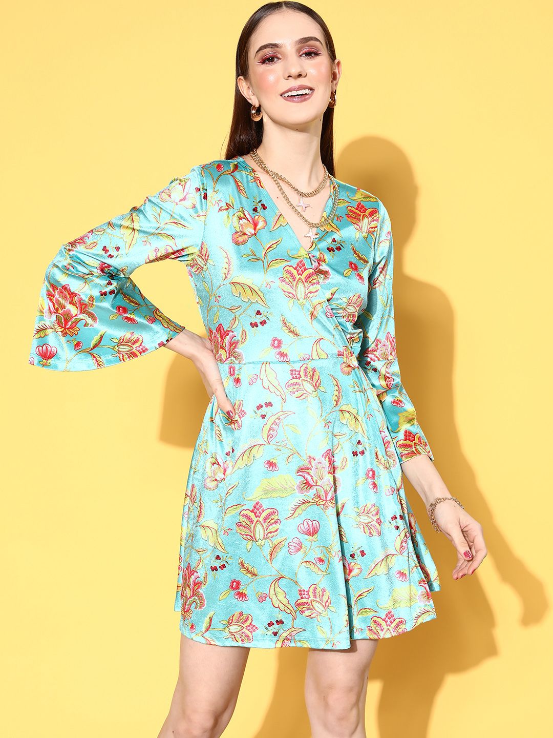 SASSAFRAS Women Stunning Turquoise Blue Floral Wrap It Up Dress