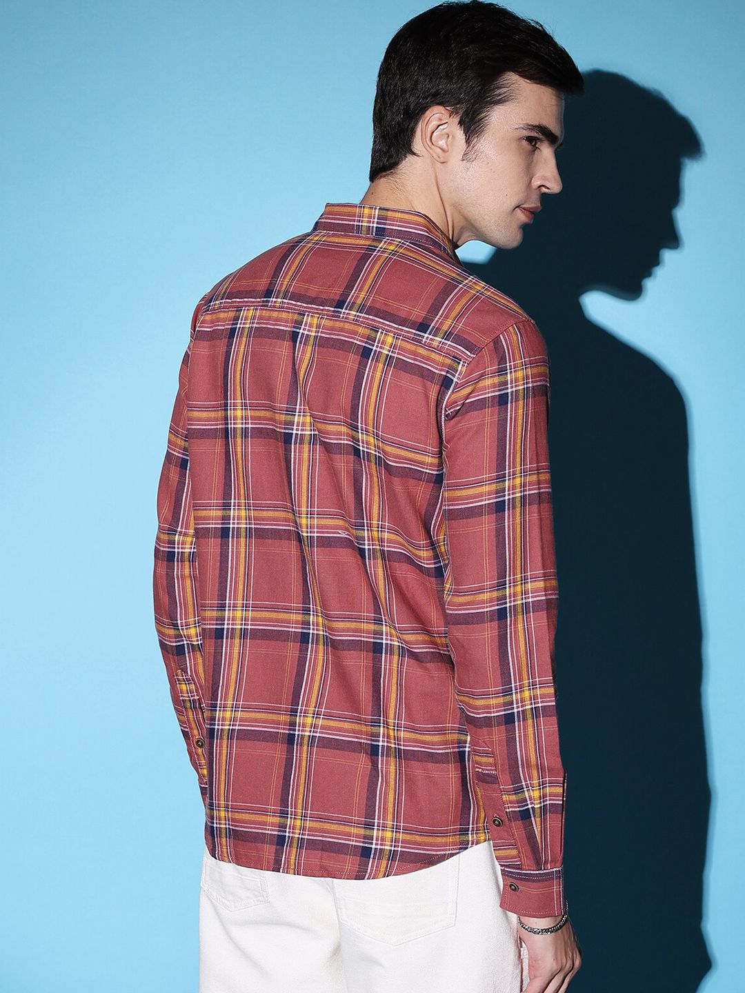 The Indian Garage Co Rust-Coloured Slim Fit Tartan Checked Cotton Casual Shirt