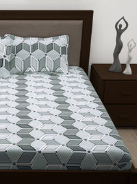 Story@home White & Olive Green Geometric Cotton 186 TC Queen Bedsheet With 2 Pillow Covers