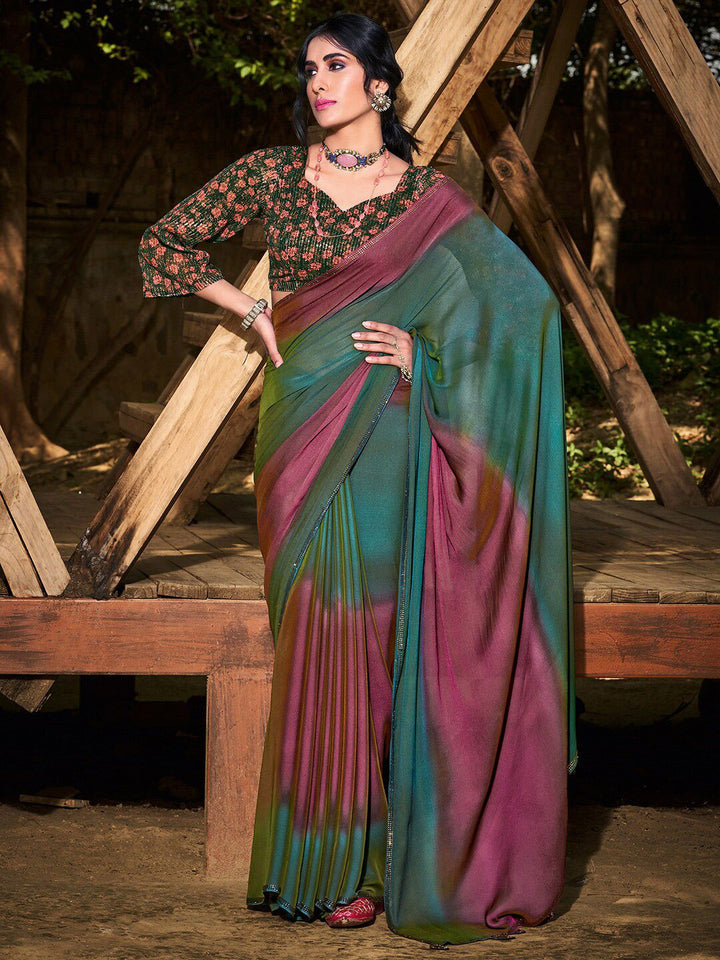 Saree mall Teal & Mauve Ombre Embellished Sarees