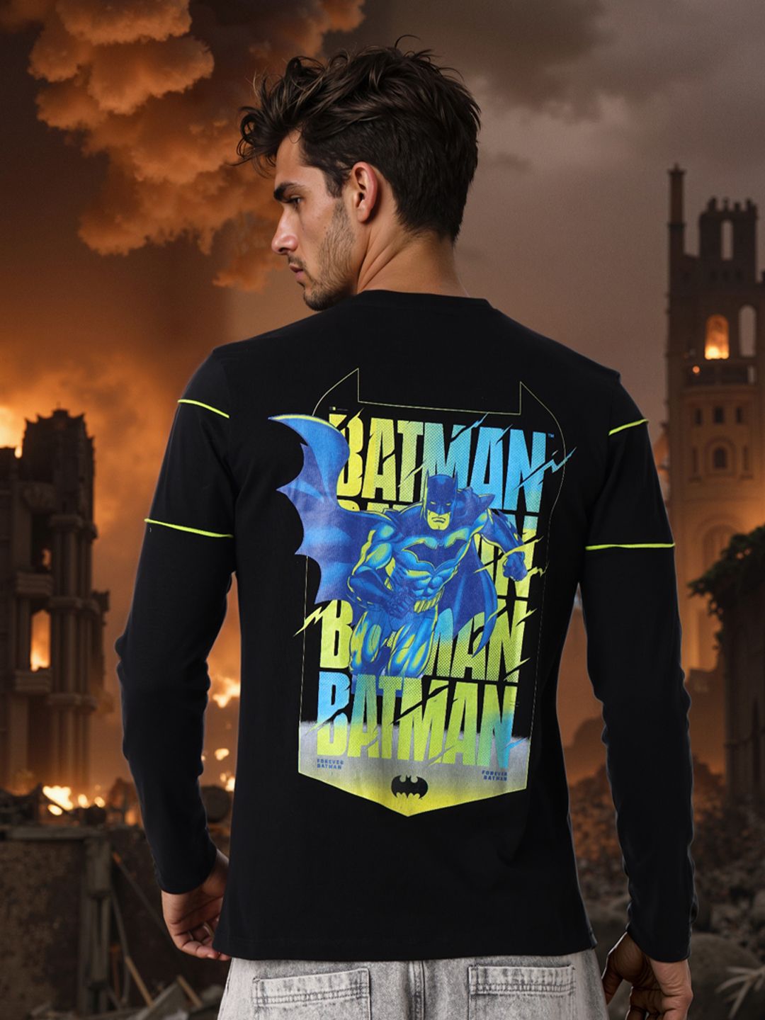 The Indian Garage Co Men Batman Graphic Printed Round Neck Cotton Slim Fit T-shirt