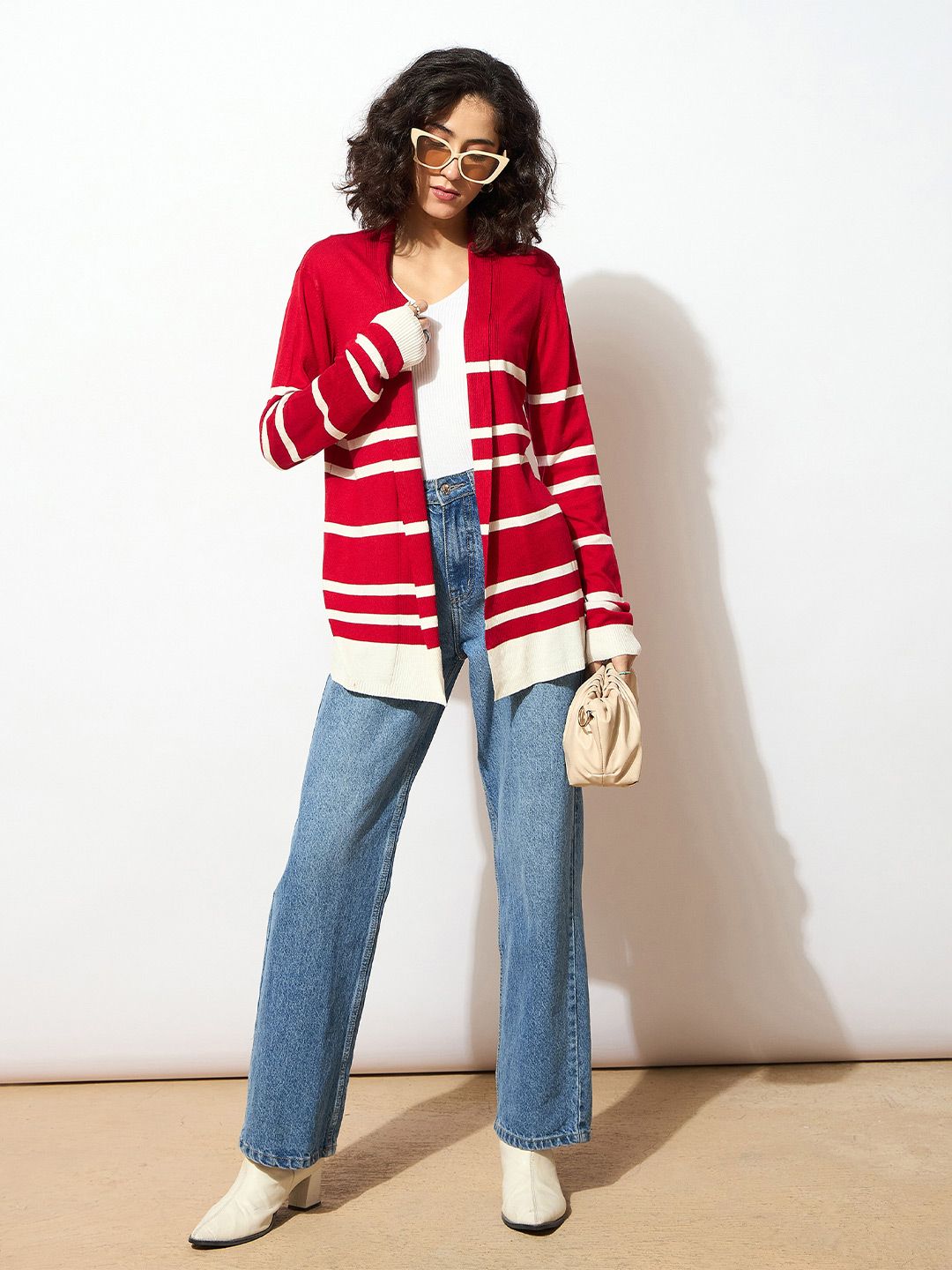 SASSAFRAS Women Red & White Acrylic Ribbed Open Front Striped Longline Shrug