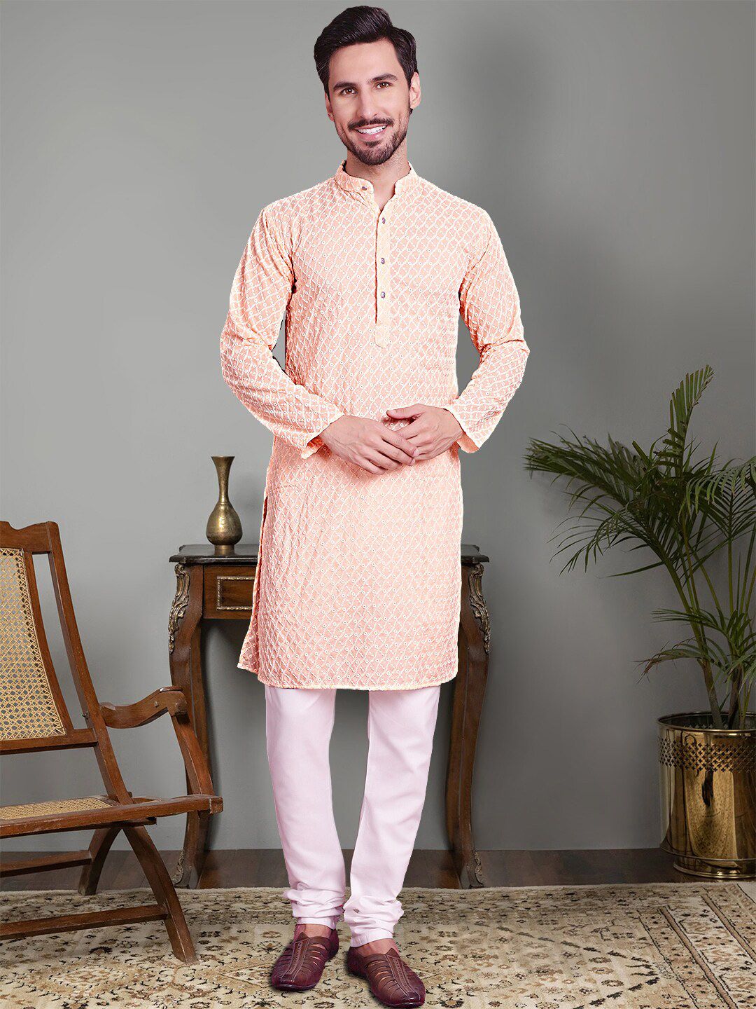 Jompers Ethnic Motifs Embroidered Regular Chikankari Pure Cotton Kurta With Churidar