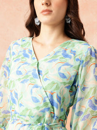 all about you Floral Print Puff Sleeves Wrap-Style A-Line Dress