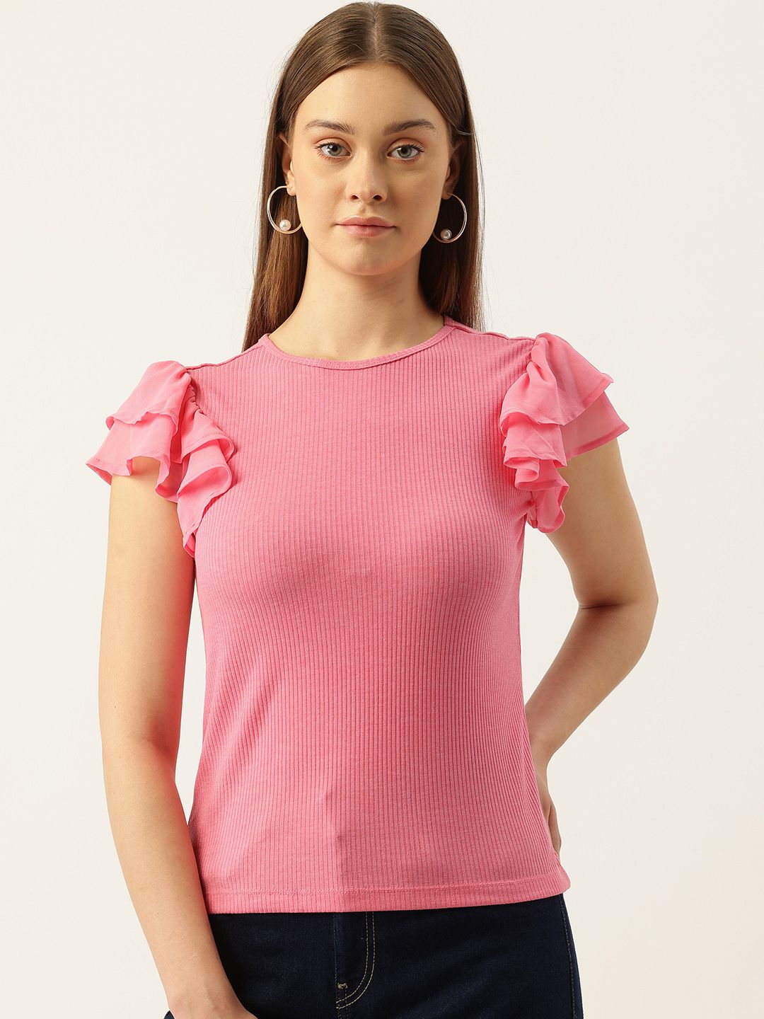 AND Flutter Sleeves Ribbed Fitted Top