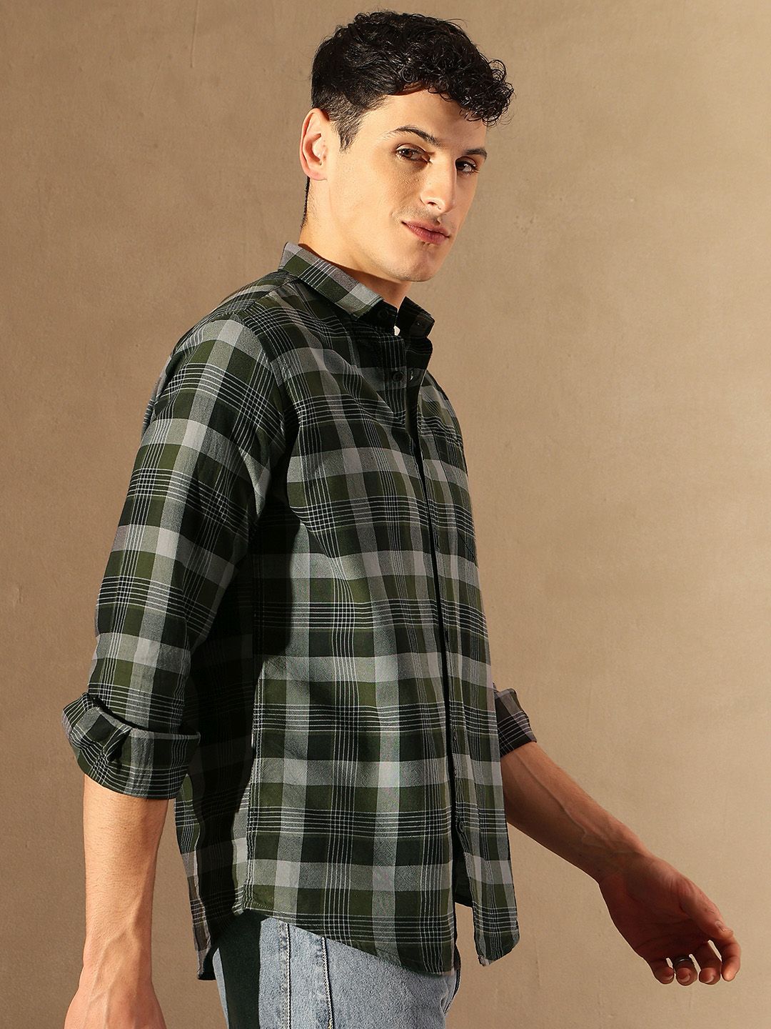 DENNISON Smart Tartan Checked Spread Collar Casual Shirt