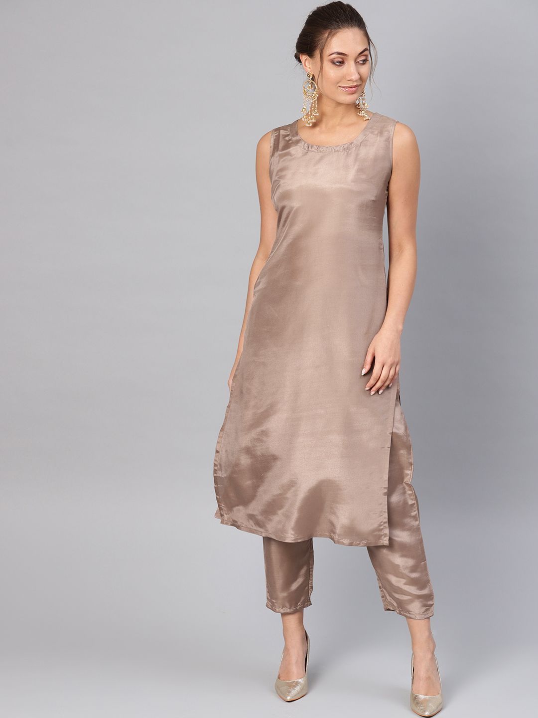 Libas Women Brown & Golden Self design Kurta with Trousers