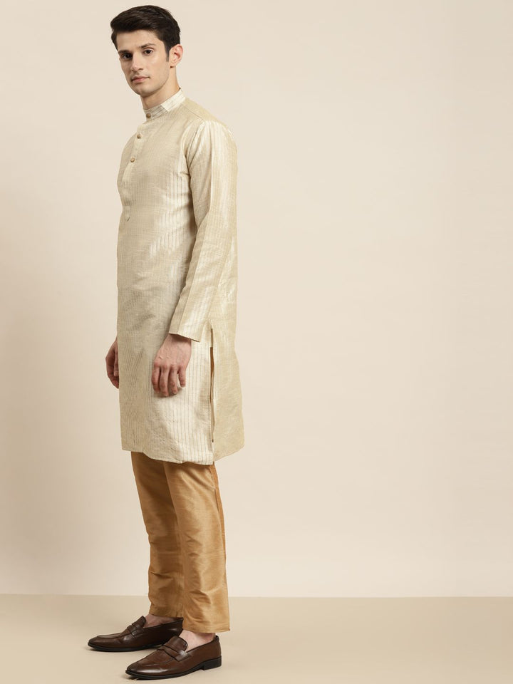 SOJANYA Men Beige Striped Kurta with Pyjamas & Nehru Jacket