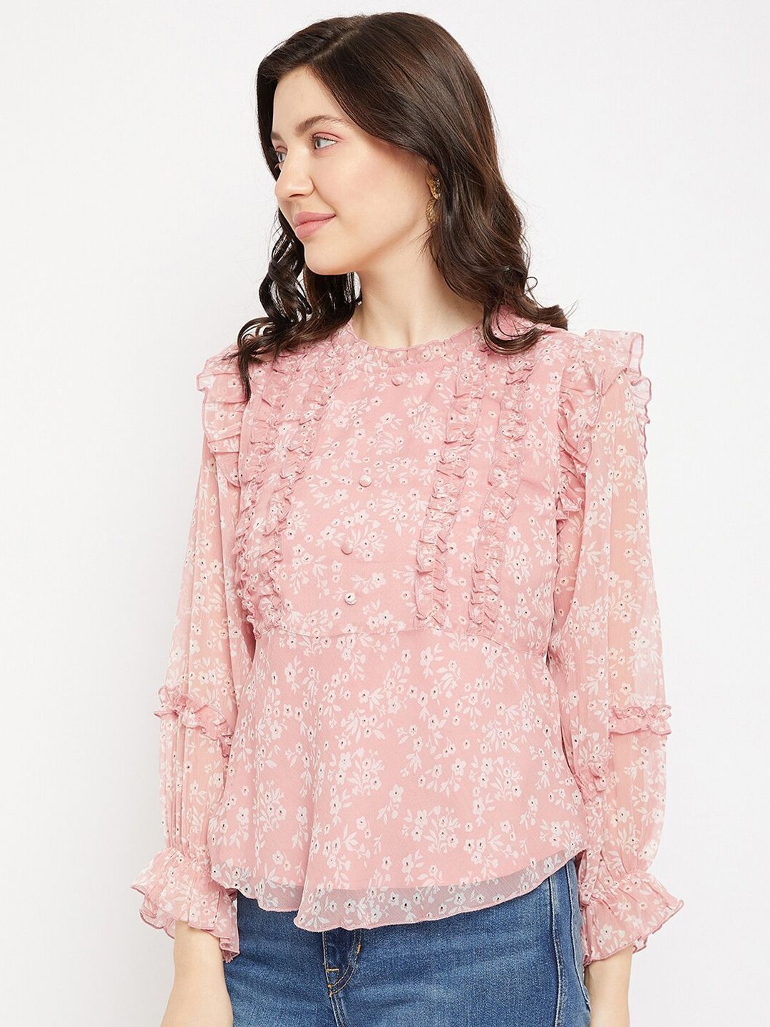 Antheaa Floral Printed Puff Sleeves Chiffon Top